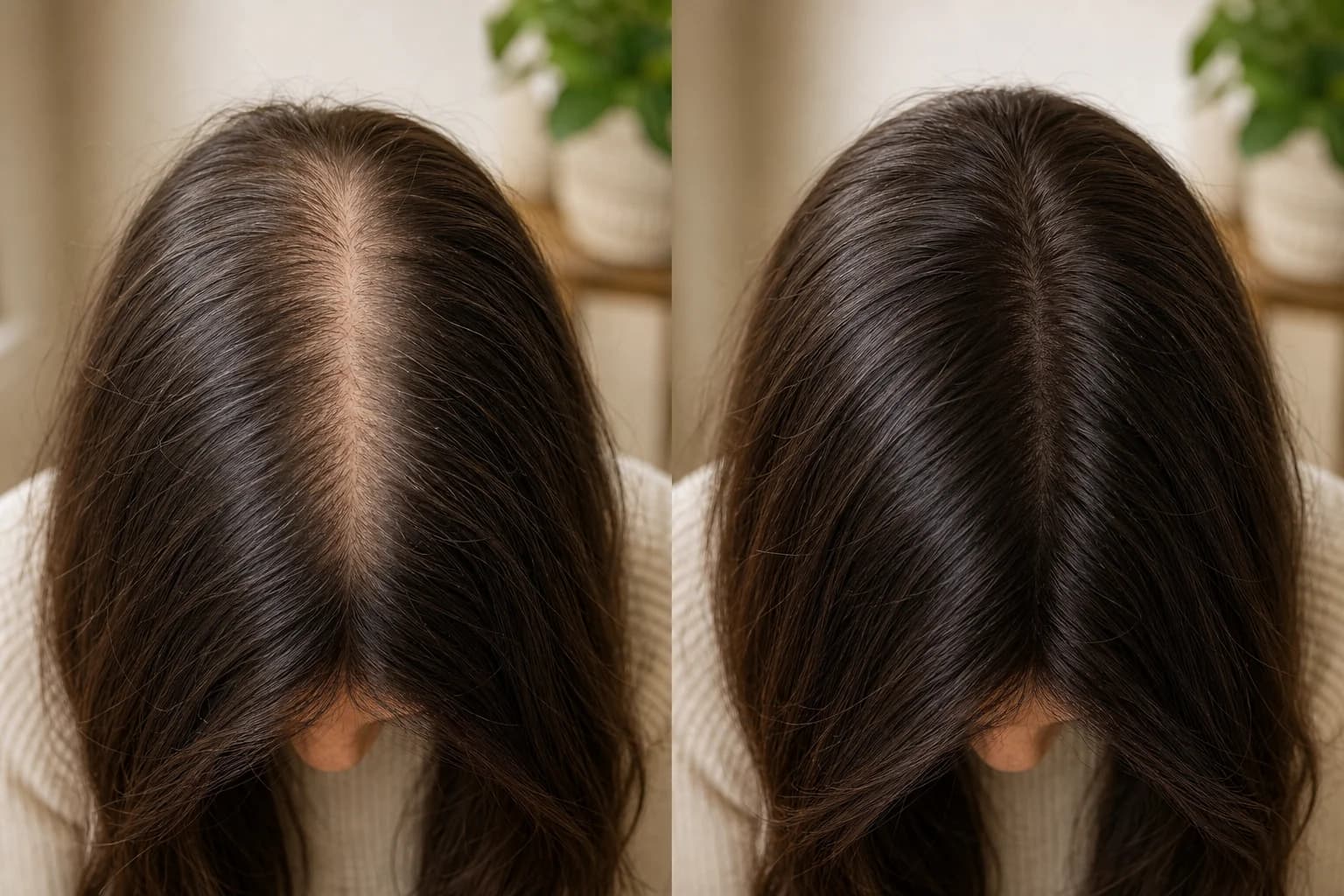 A centre part shown before and after a consistent scalp-care routine