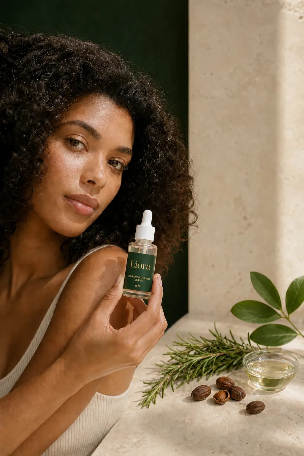 Botanical ingredients beside the Liora bottle