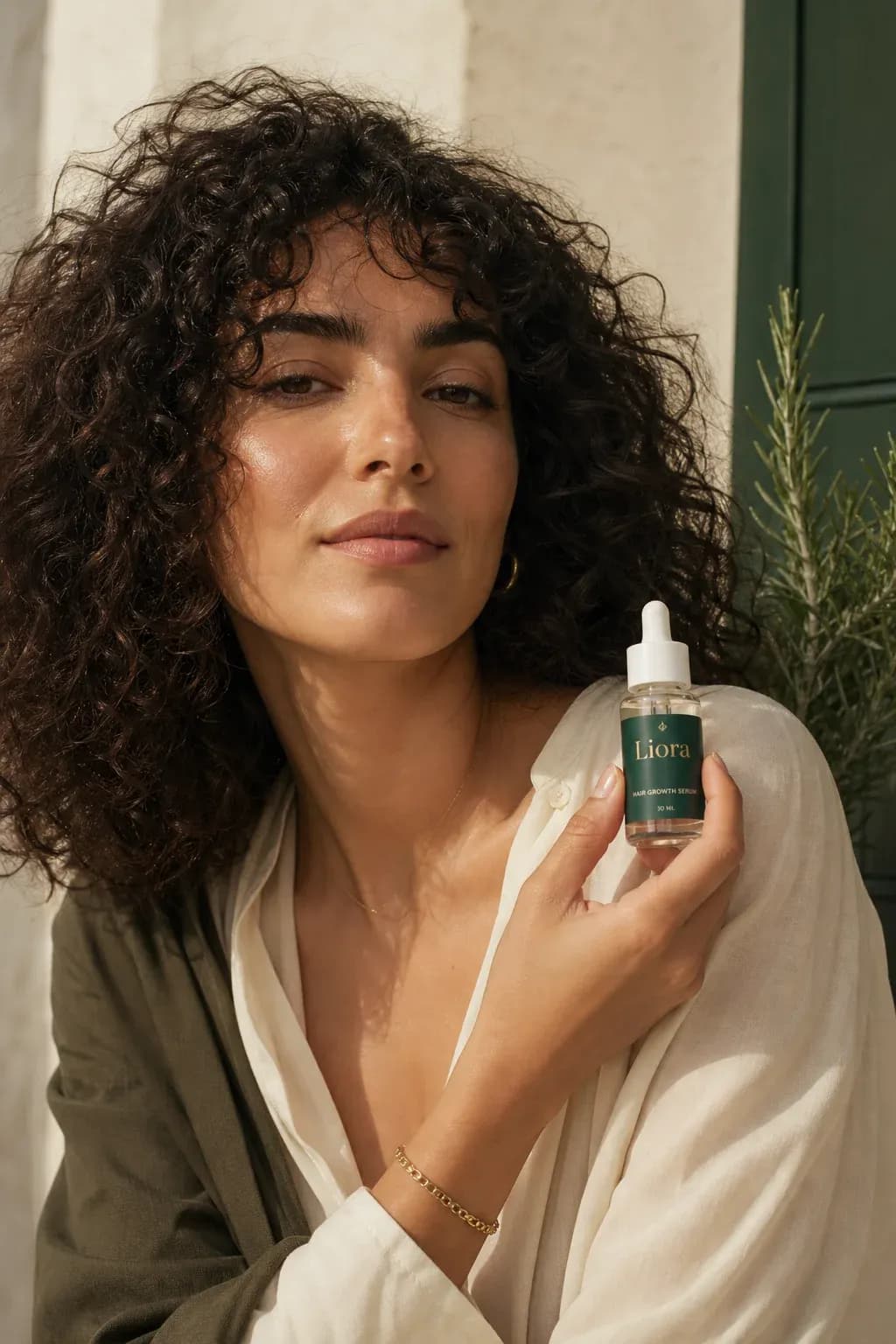 A woman holding the Liora Nourishing Hair & Scalp Oil